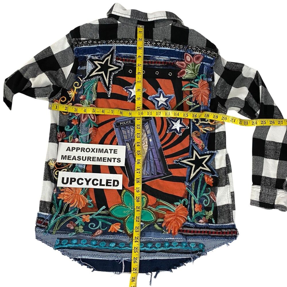 Upcycled Flannel Shirt Shacket Womens XL Dr Who Tardis Custom Grunge Skater Rock - Picture 2 of 14